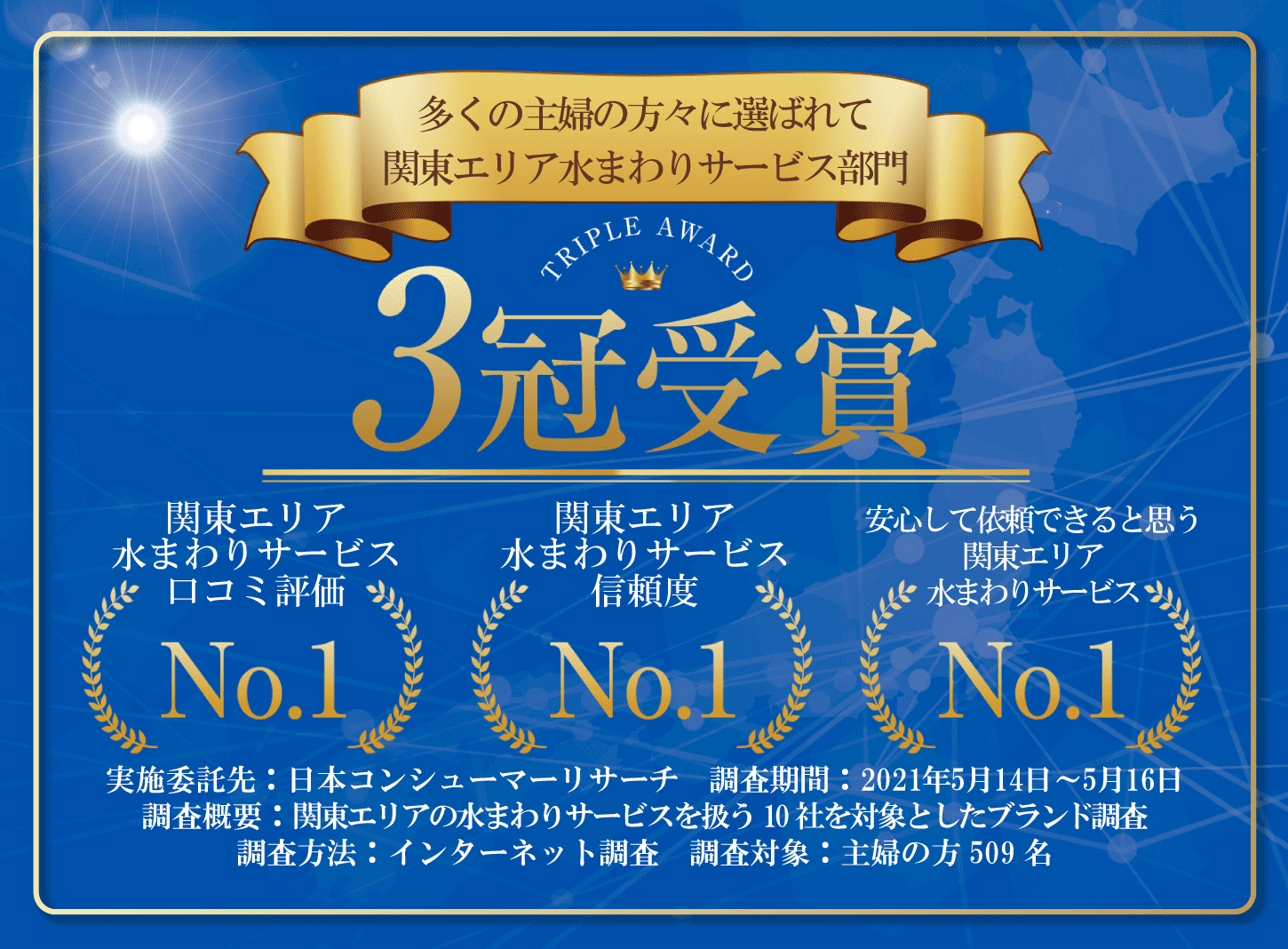 関東エリア水まわりサービス部門3冠受賞 関東エリア水まわりサービス口コミ評価No.1/関東エリア水まわりサービス信頼度No.1/安心して依頼できると思う関東エリア水まわりサービスNo.1